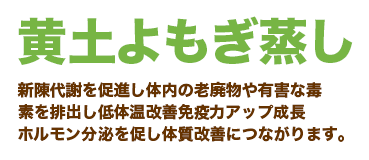 黄土よもぎ蒸し｜新陳代謝を促進し体内の老廃物や有害な毒素を排出し低体温改善免疫力アップ成長ホルモン分泌を促し体質改善につながります。