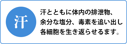 汗とともに体内の排泄物、余分な塩分、毒素を追い出し各細胞を生き返らせるます。